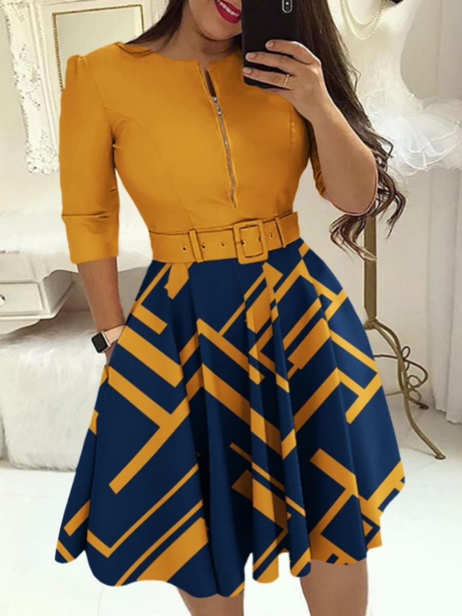 LW Plus Size Geometric Print Belt Design A Line Dress