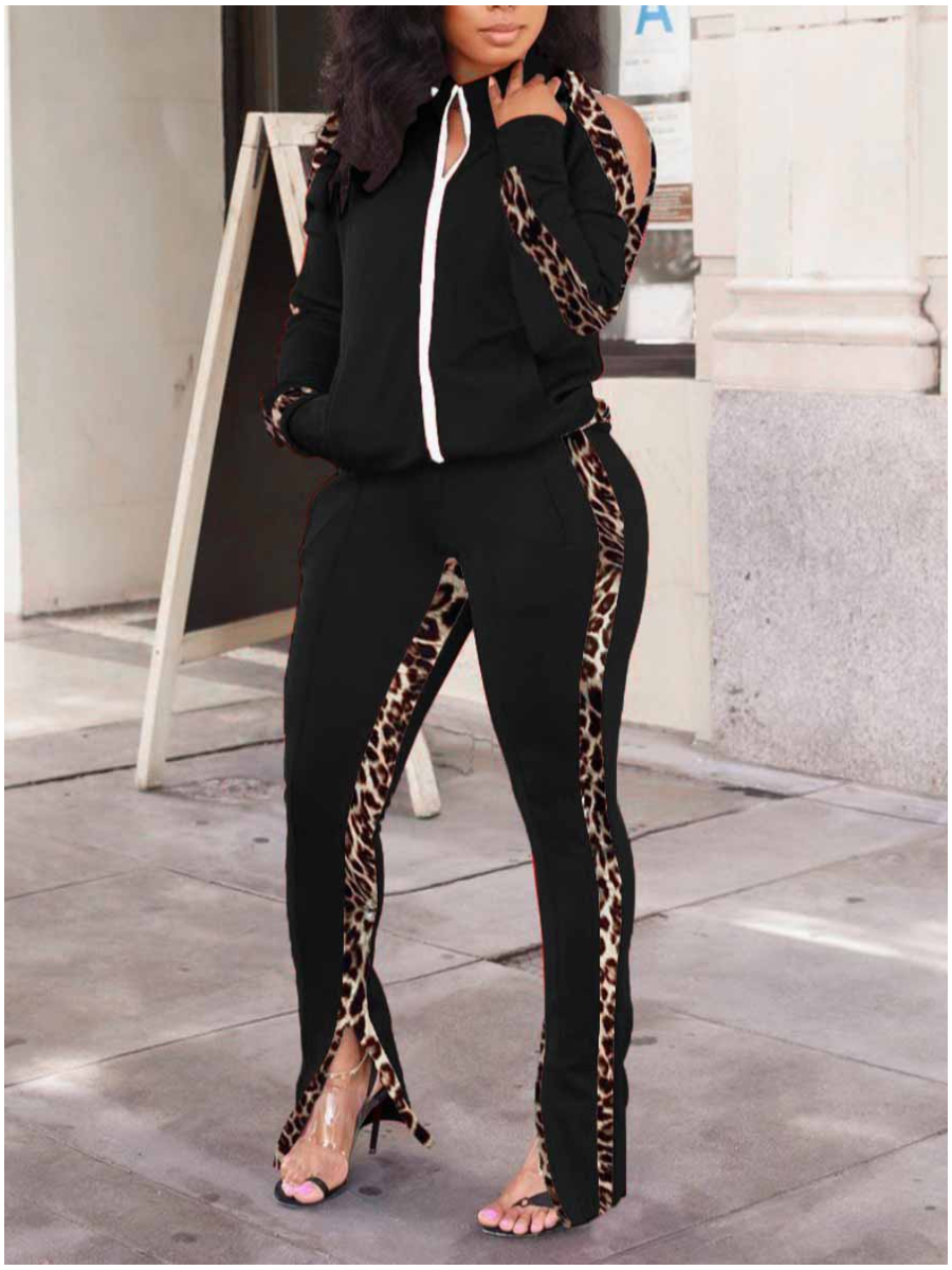 LW Plus Size Leopard Print Striped Cut Out Pants Set