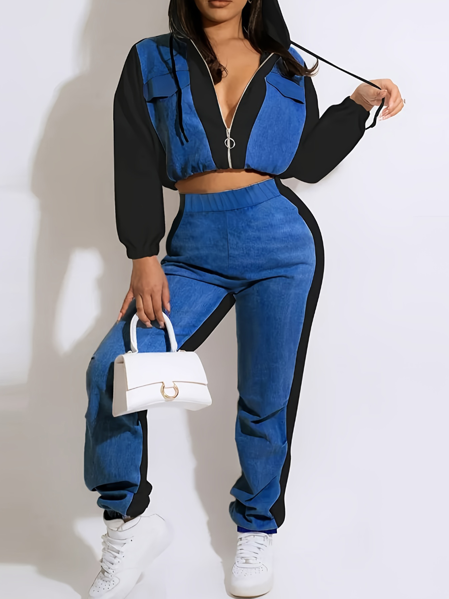 LW BASICS Plus Size Crop Top Zipper Design Patchwork Pants Set