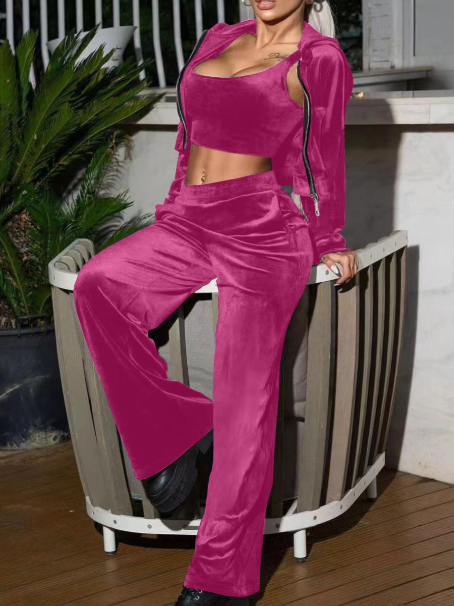 LW Plus Size Velvet Hooded Collar Zipper Design Pants Set