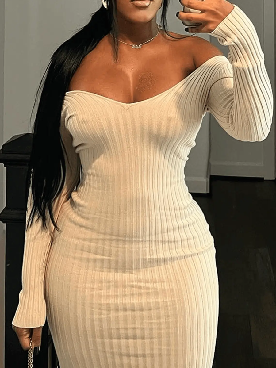 LW BASICS V Neck Rib Knit Bodycon Dress