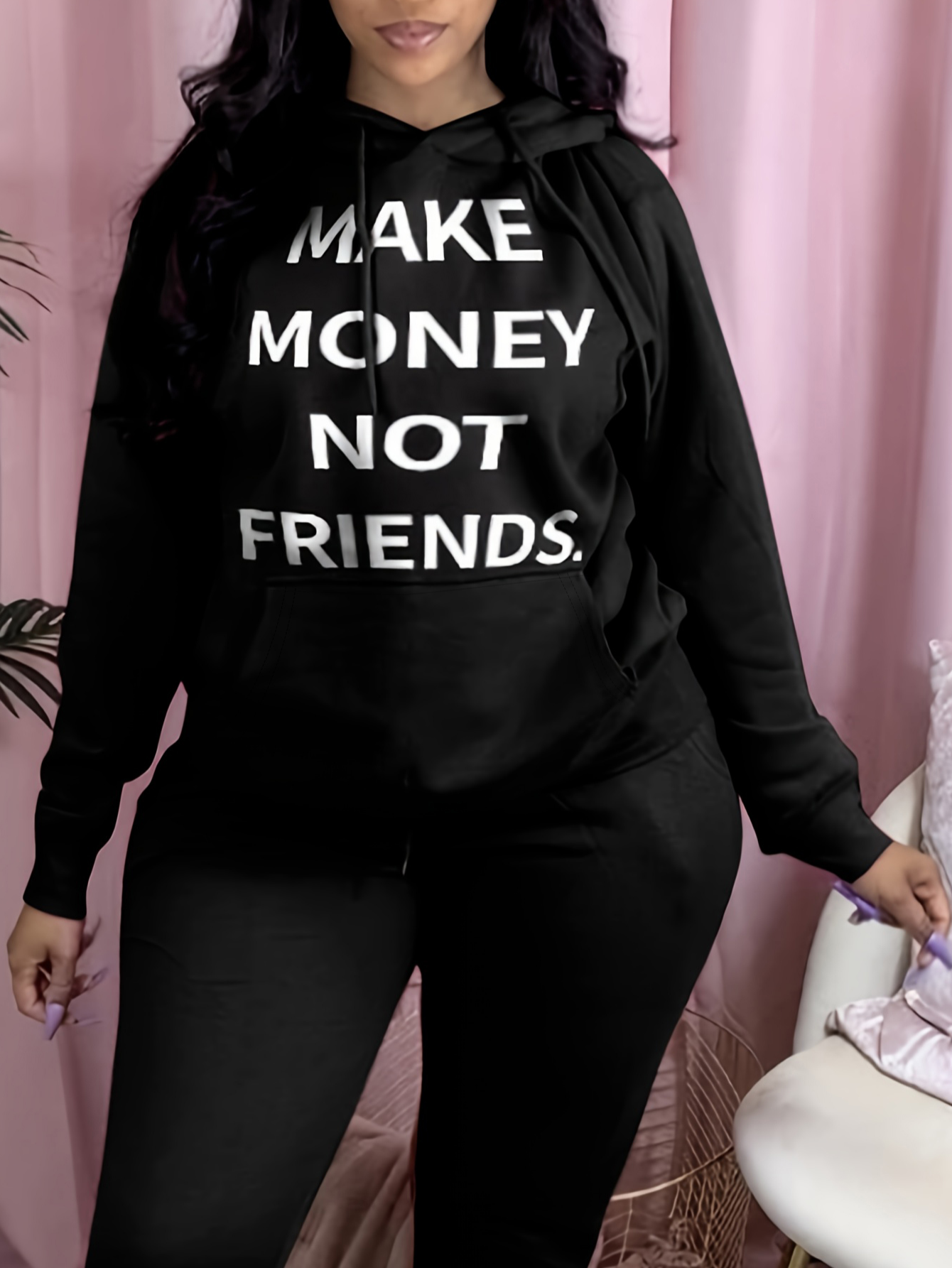 LW Plus Size Letter Print Kangaroo Pocket Hoodie