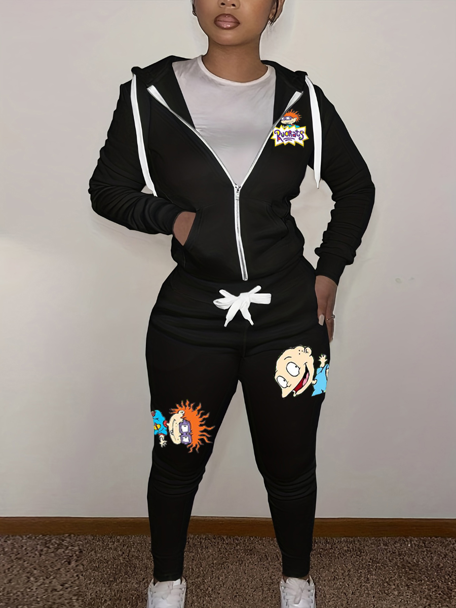 LW Cartoon Print Kangaroo Pocket Tracksuit Set