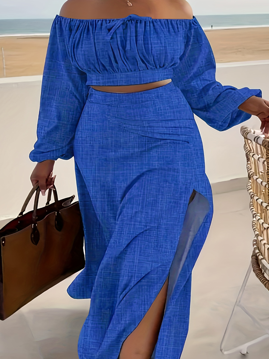 LW Plus Size Off The Shoulder Drawstring Thigh Slit Skirt Set