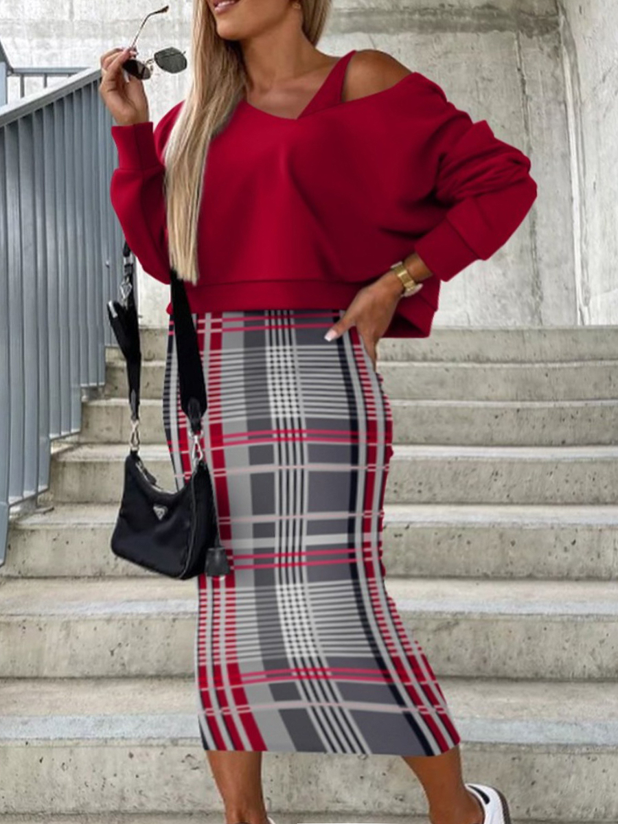 LW Plus Size V Neck Plaid Print Skirt Set