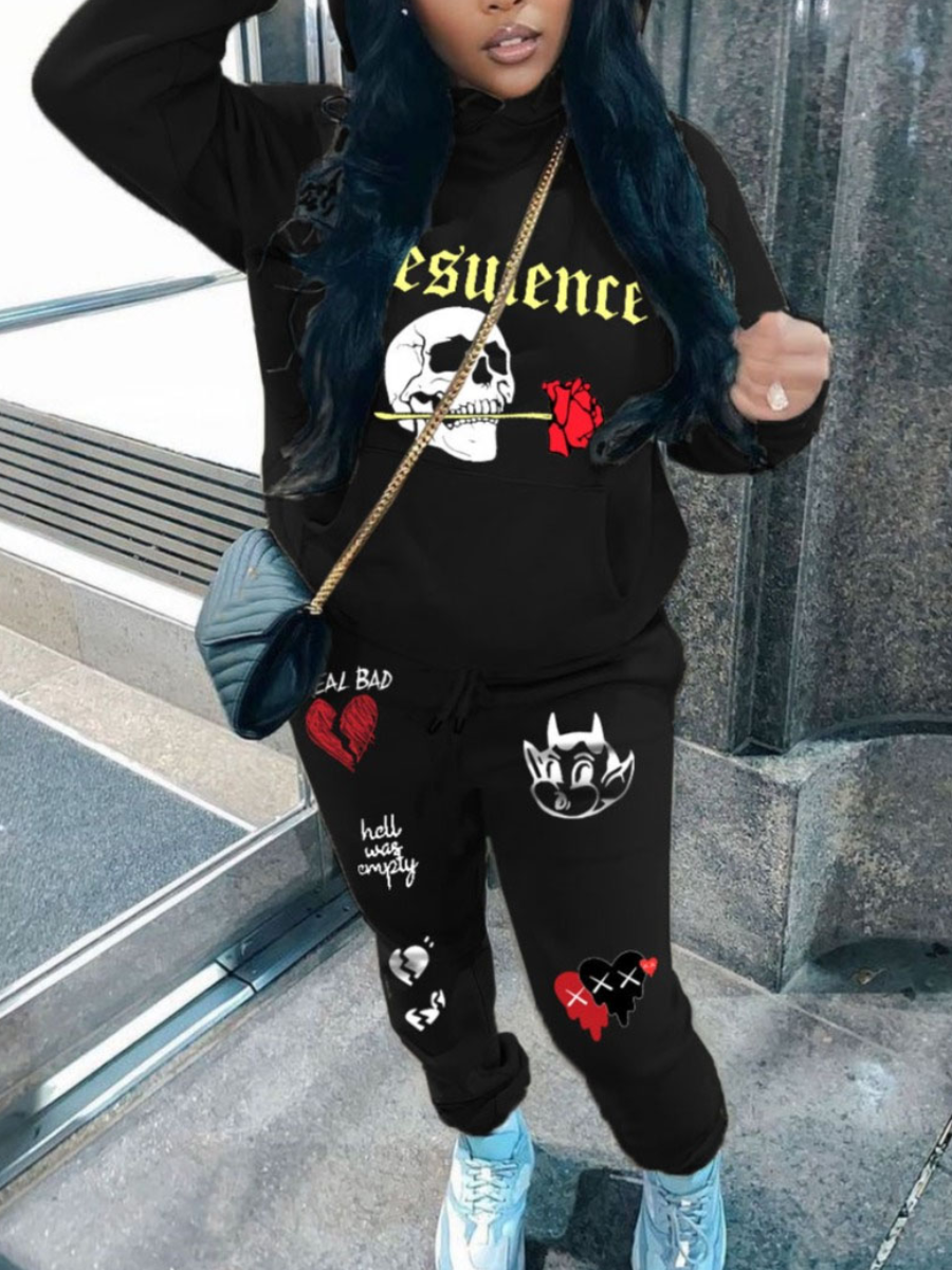 LW Plus Size Floral Skull Head Letter Print Tracksuit Set