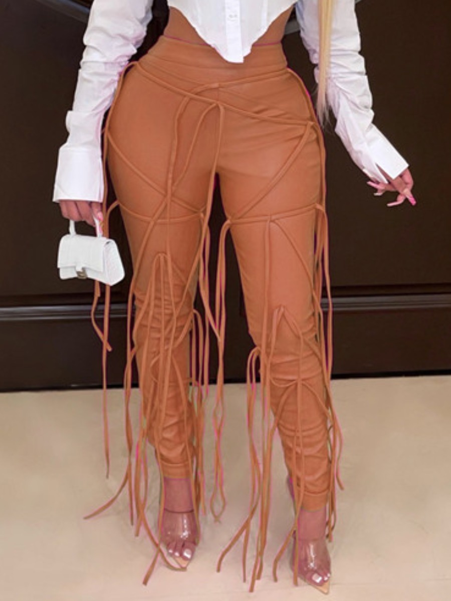 LW Faux Leather High Waist Tassel Design Pants