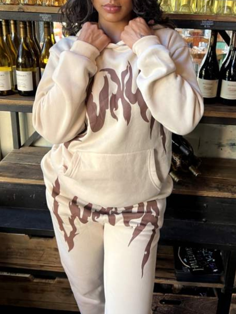 LW Pattern Kangaroo Pocket Print Loose Two-piece Pants Set