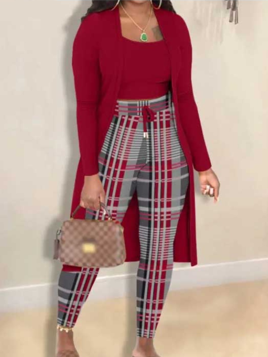 LW Plus Size Cami Plaid Print Drawstring Three Piece Pants Set