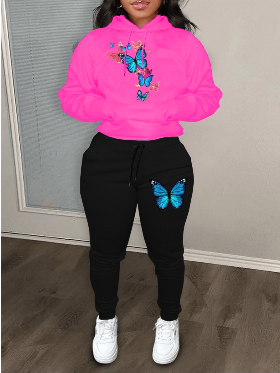 LW Plus Size Butterfly Print Kangaroo Pocket Tracksuit Set