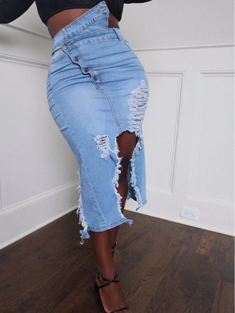 LW High Waist Ripped Stretchy Denim Skirt