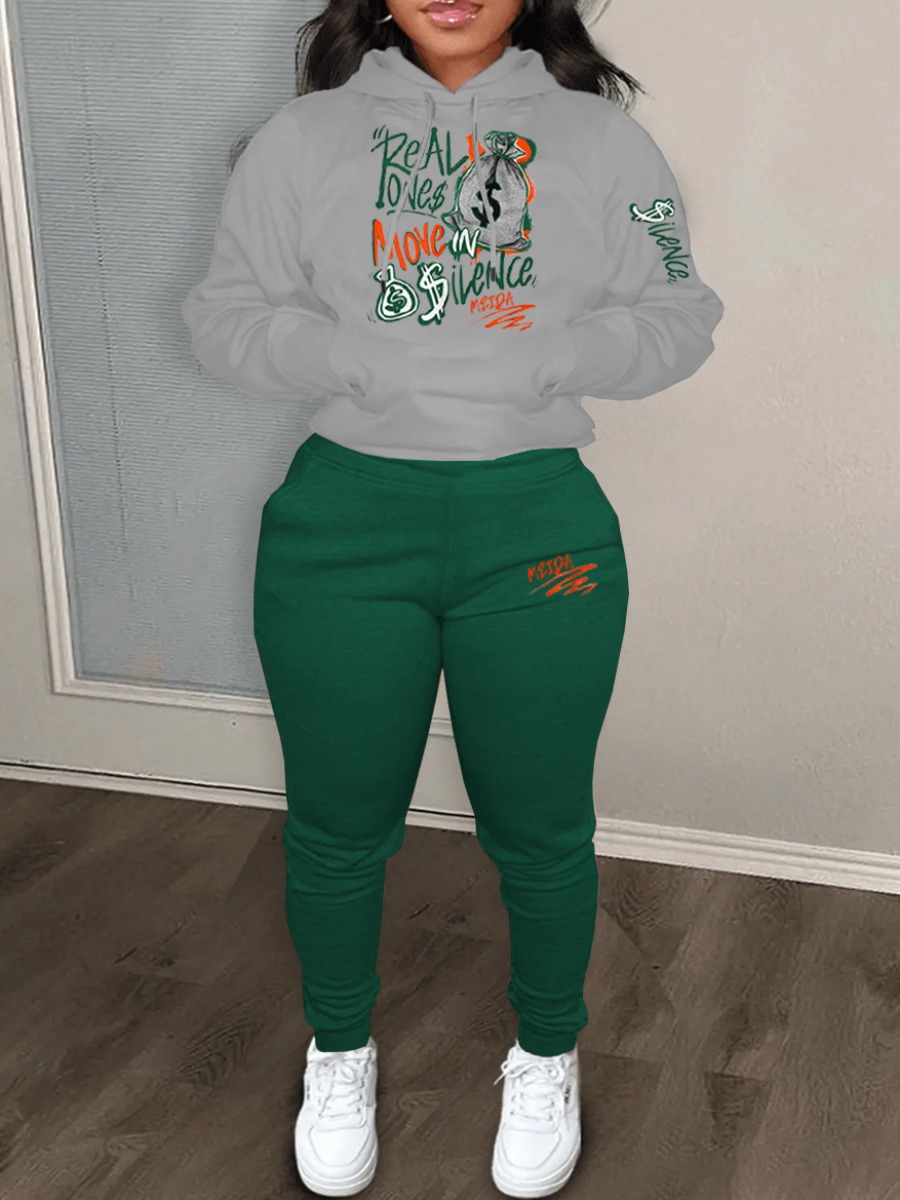 LW Plus Size Money Bag Letter Print Kangaroo Pocket Tracksuit Set