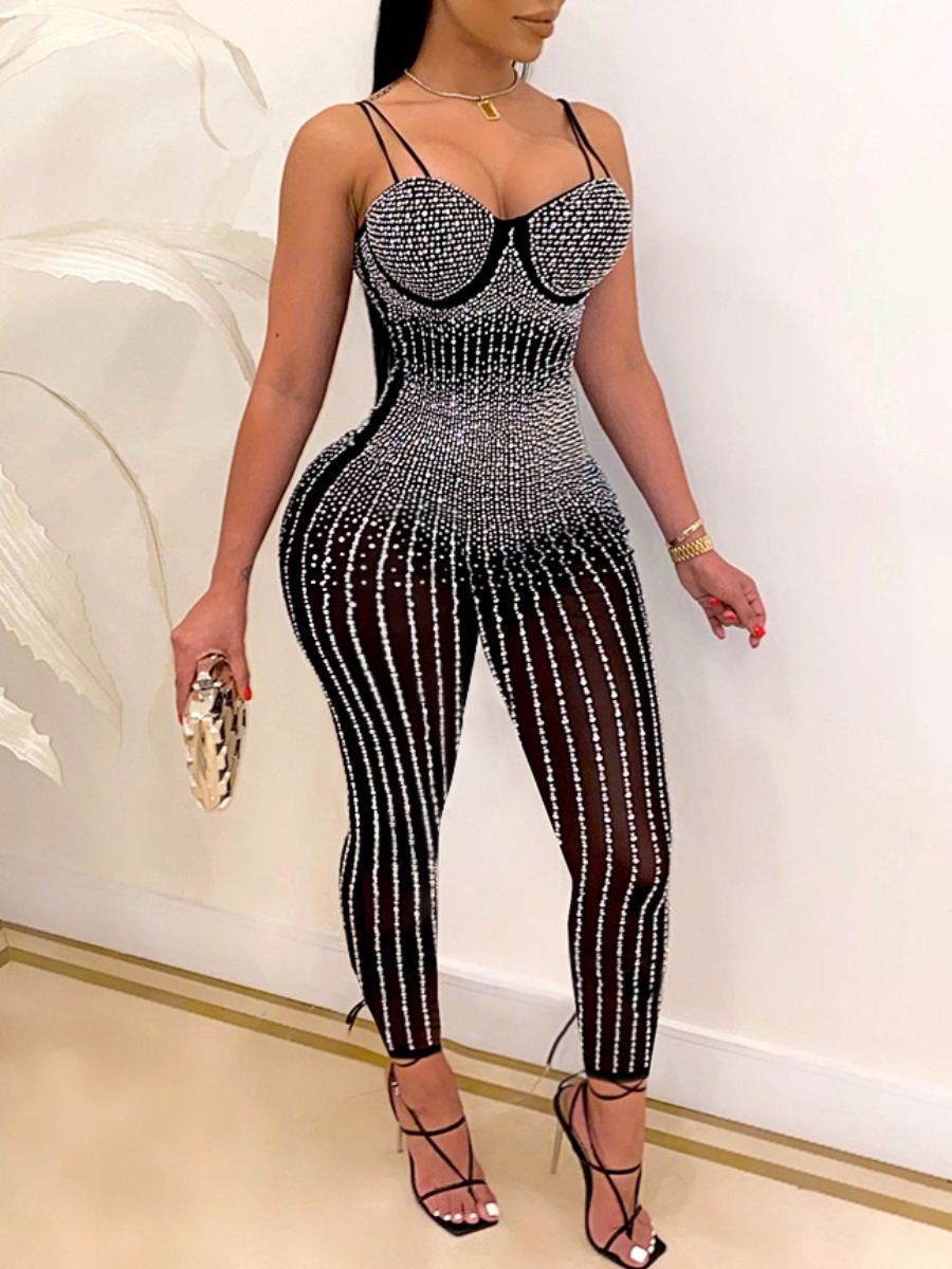 LW See Through Rhinestone Cami Skinny Jumpsuit