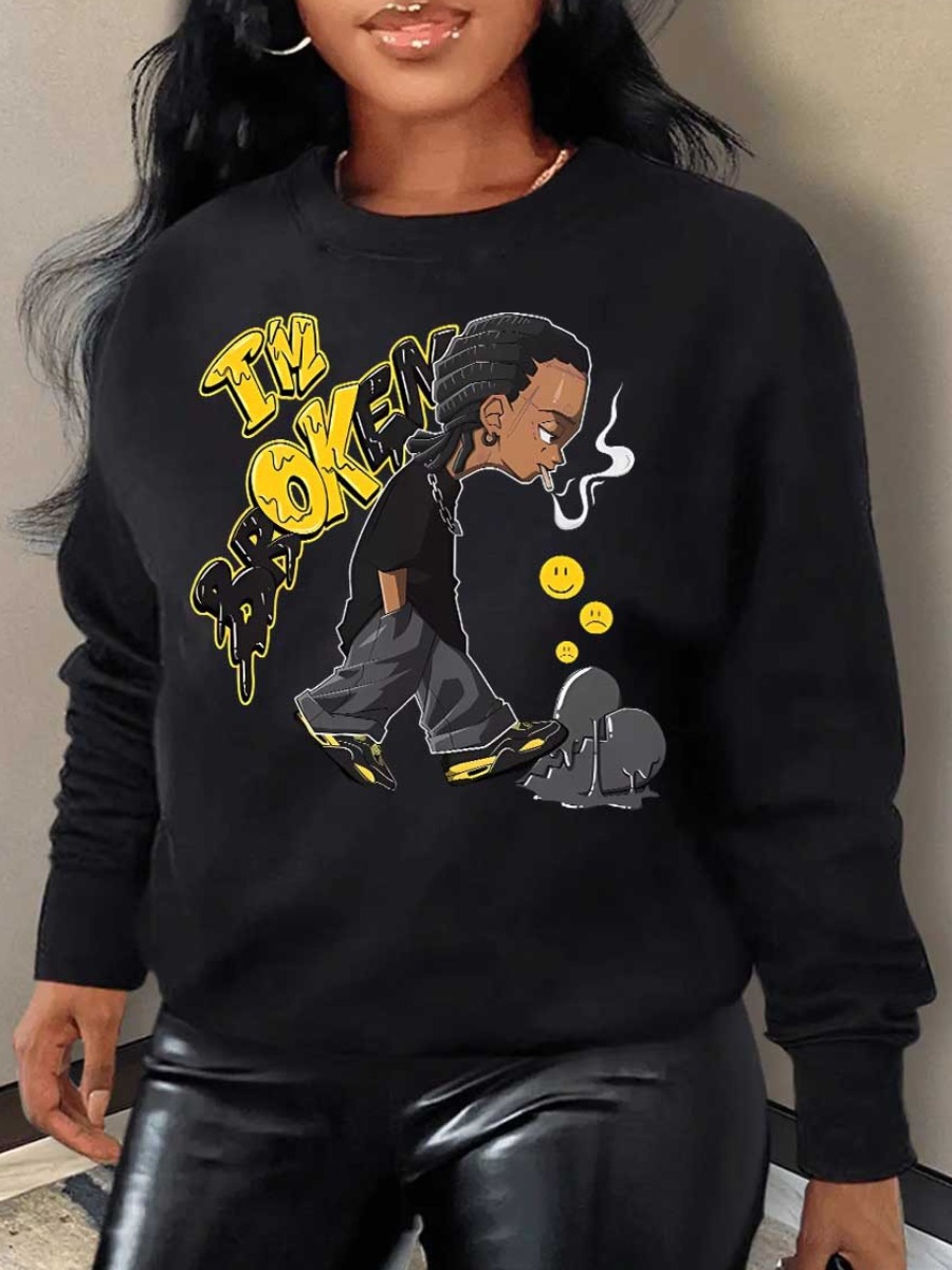 LovelyWholesale Figure Letter Print Sweatshirt Fall Long Sleeve Street Pattern Round Neck Spring Summer 2024