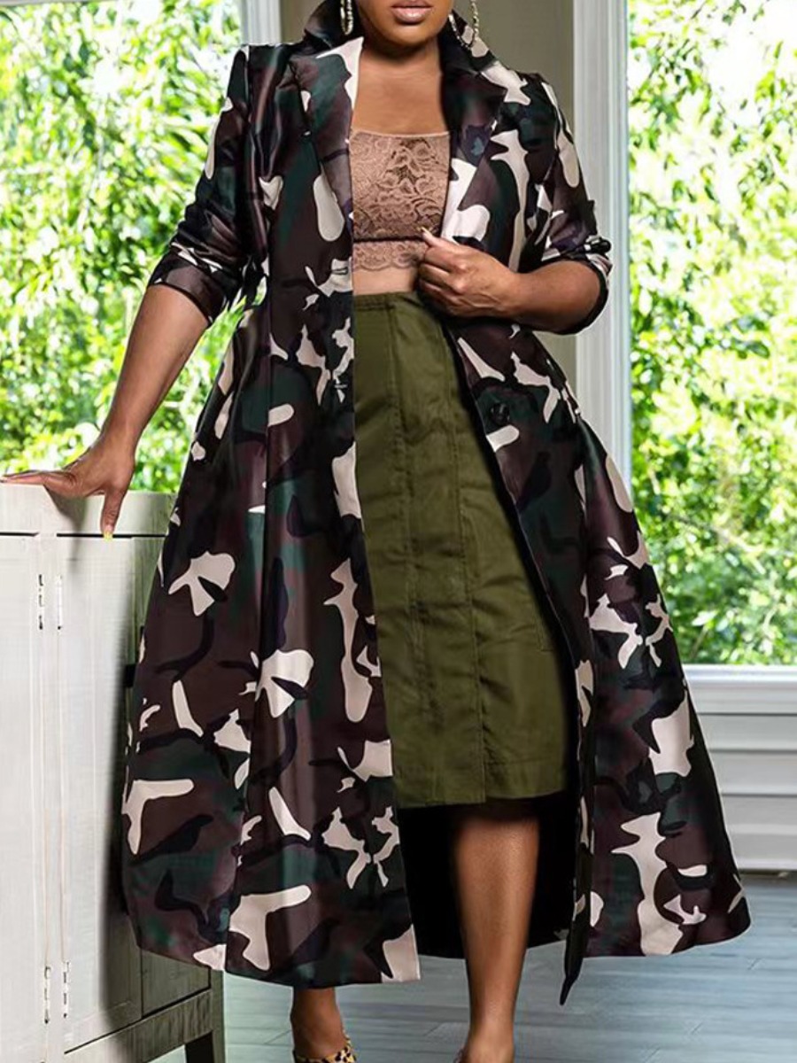 LW Plus Size Camo Print A Line Trench Coat