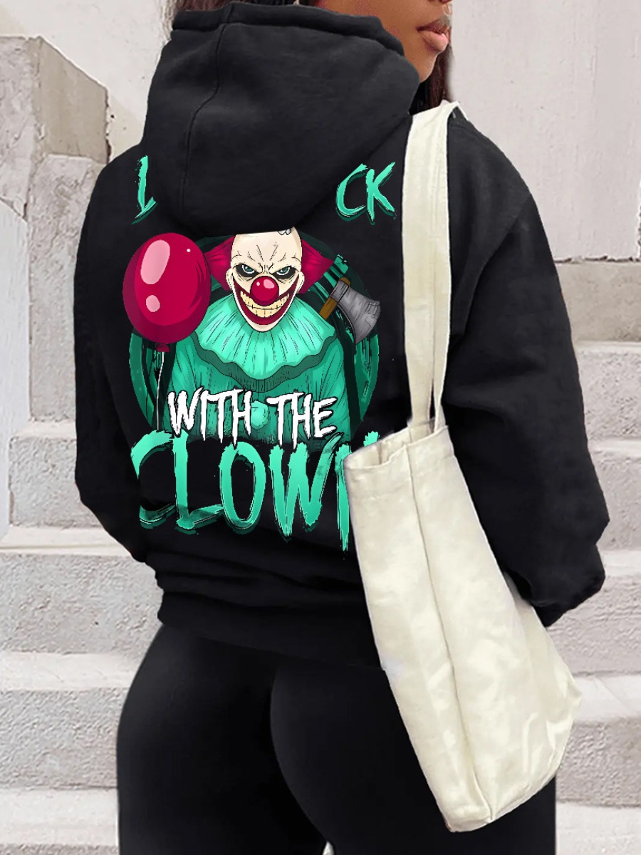 LW Plus Size Halloween Clown Letter Print Kangaroo Pocket Hoodie