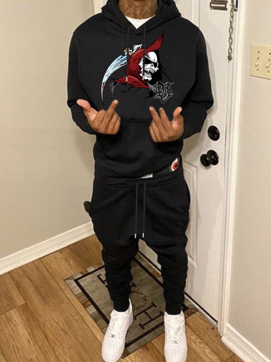 LW Men Skull Head Print Kangaroo Pocket Tracksuit Set