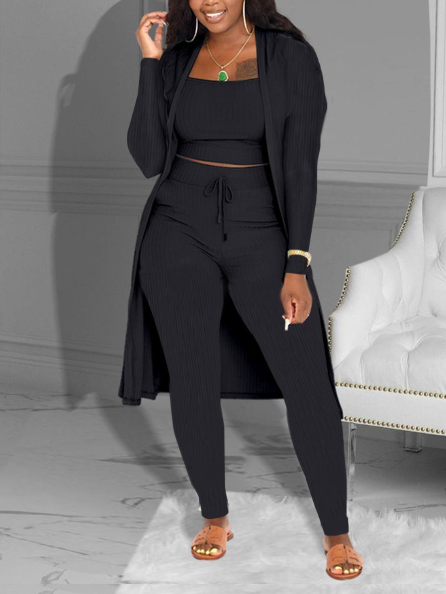 LW BASICS Rib Knit Drawstring High Waist Three Piece Pants Set