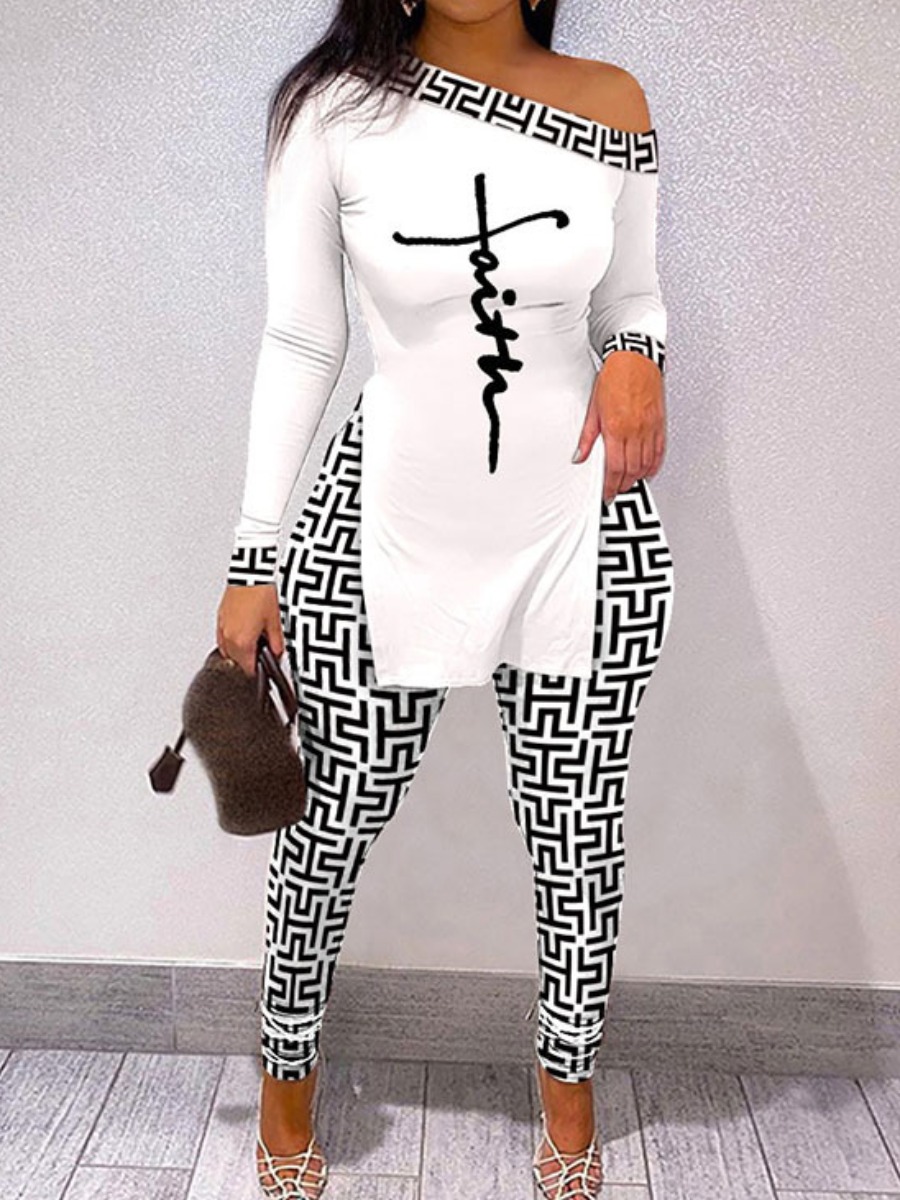 LW Plus Size Geometric Faith Letter Print Split Pants Set