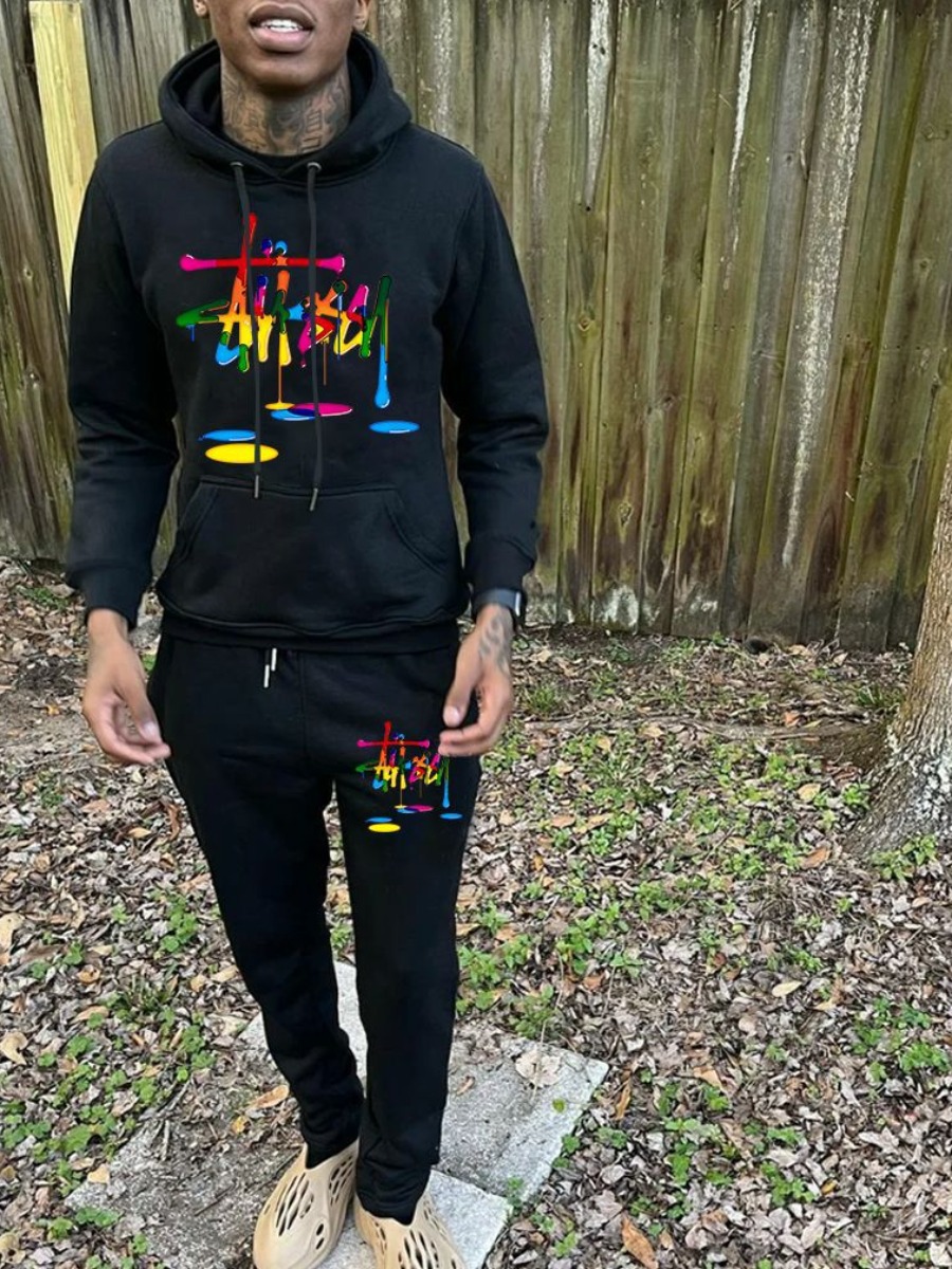 LW Men Tie Dye Letter Print Kangaroo Pocket Tracks