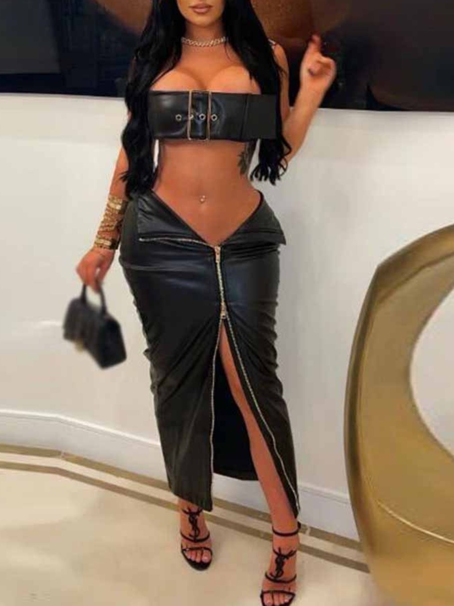 LW SXY Plus Size Faux Leather Belt Zipper Design S