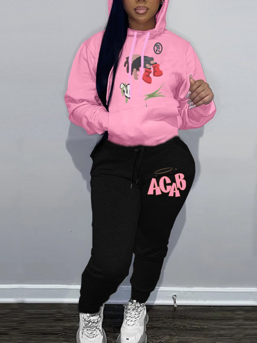 LW Cartoon Letter Print Kangaroo Pocket Tracksuit Set