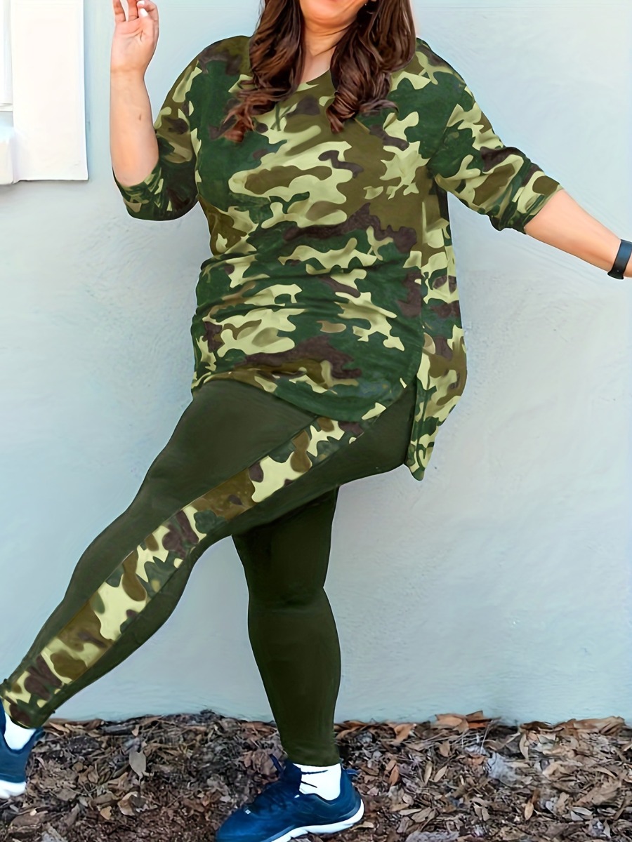LW Plus Size Split Pattern Camo Skinny Two-piece Pants Set