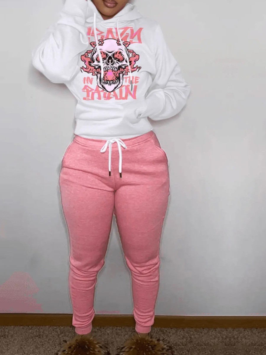 LW Plus Size Skull Head Letter Print Kangaroo Pocket Tracksuit Set