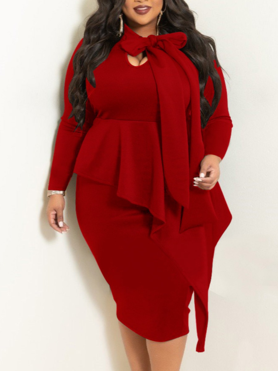 LW Plus Size Bow Tie Decor Flounce Design Bodycon Dress