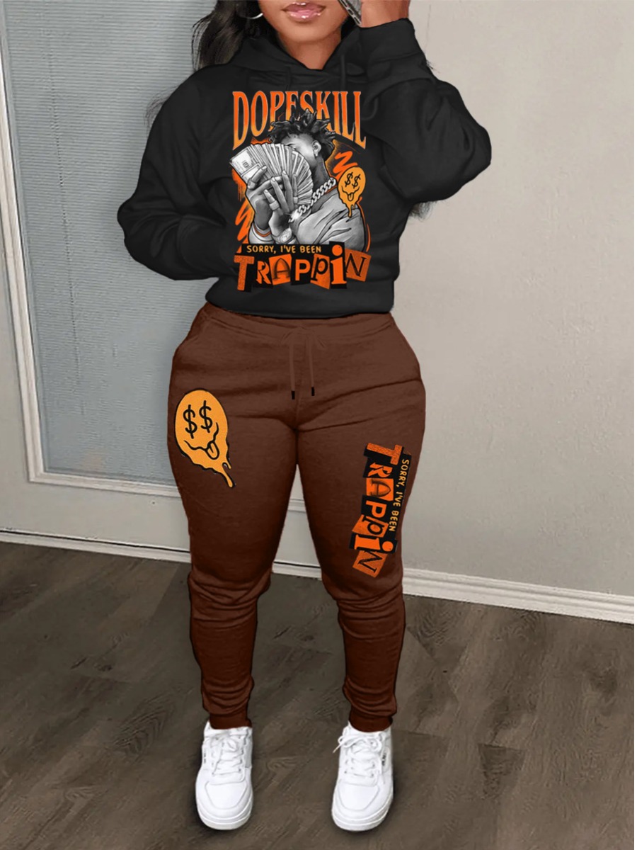 LovelyWholesale Figure Money Letter Print Kangaroo Pocket Tracksuit Set Fall Long Sleeve Casual Pattern Hooded Collar Spring Summer 2024
