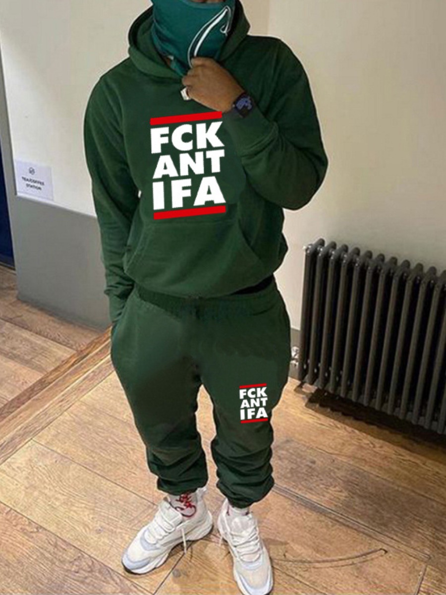 LW Men Letter Print Kangaroo Pocket Tracksuit Set