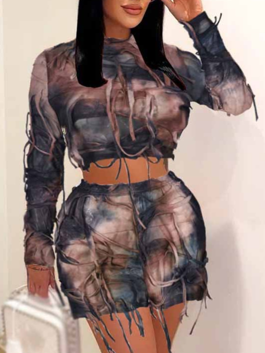 LovelyWholesale Crop Top Tassel Design Tie Dye Shorts Set Spring Long Sleeve Street Round Neck Spring Summer 2024