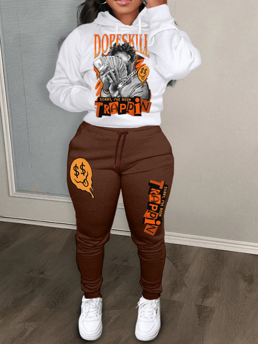 LW Plus Size Money Letter Print Kangaroo Pocket Tracksuit Set