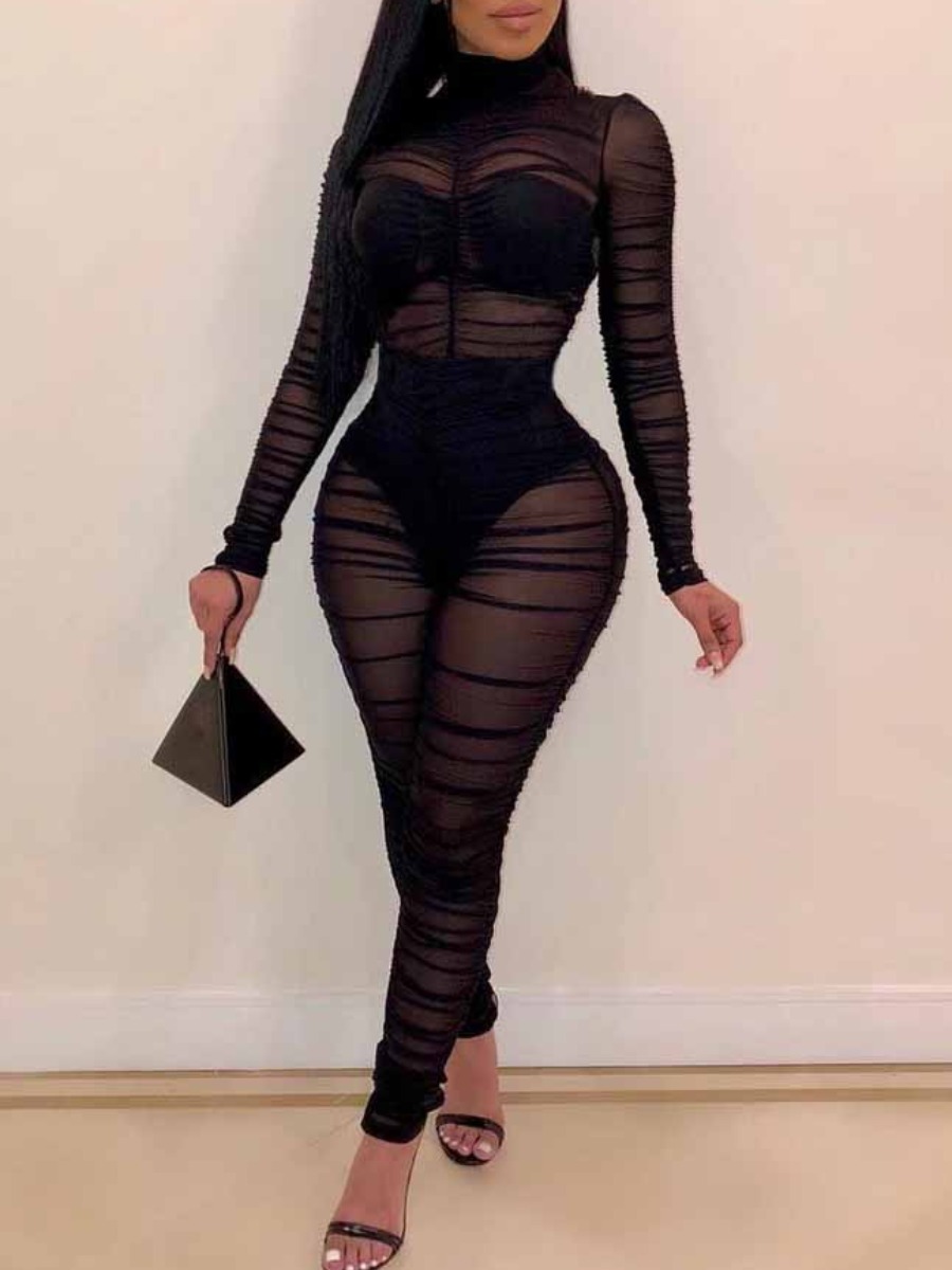 LovelyWholesale SXY See Through Skinny Jumpsuit Fall Long Sleeve Sxy Round Neck Spring Summer 2024