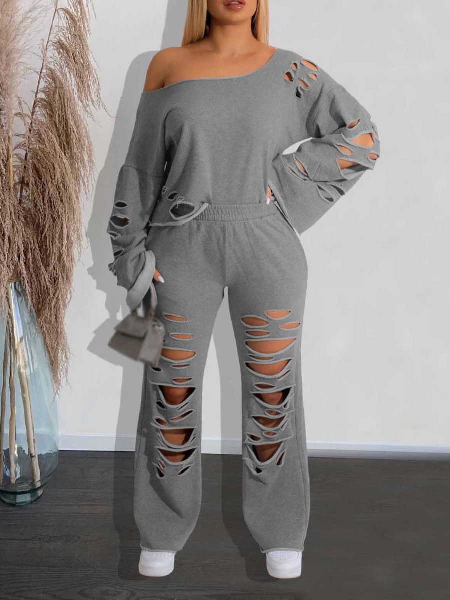 LovelyWholesale One Shoulder Ripped Loose Pants Set Fall Long Sleeve Casual Ripped Round Neck Spring Summer 2024
