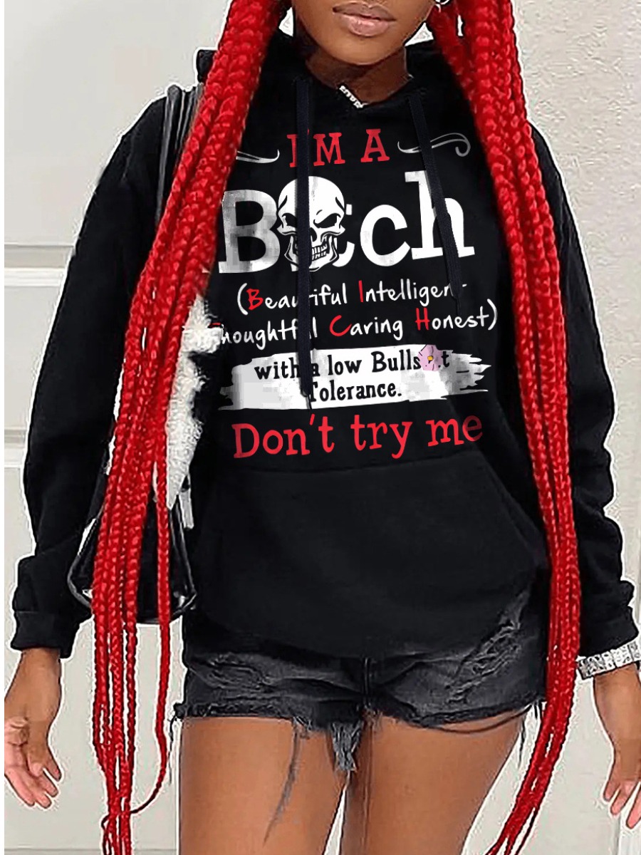 LW Skull Head Letter Print Kangaroo Pocket Hoodie