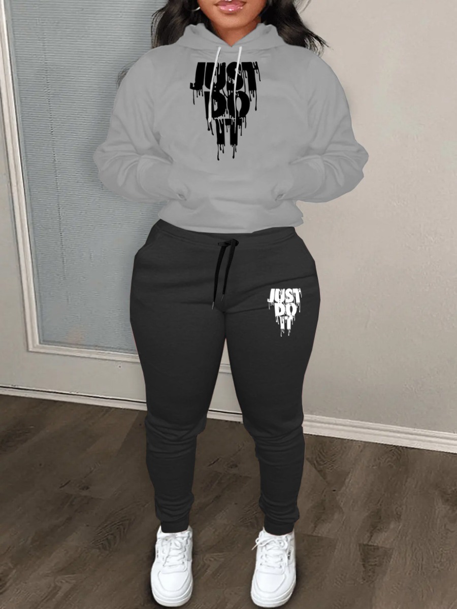 LW Plus Size Just Do It Letter Print Kangaroo Pocket Tracksuit Set