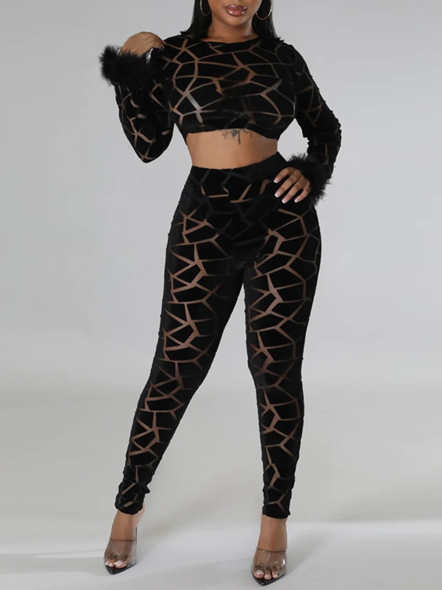 LW SXY Crop Top Feathers Decor See Through Pants S