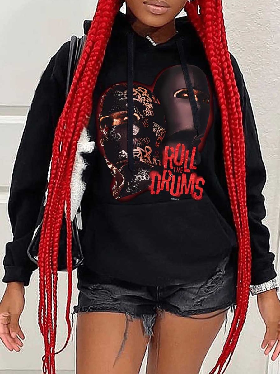 LW Plus Size Masked Face Letter Print Kangaroo Poc