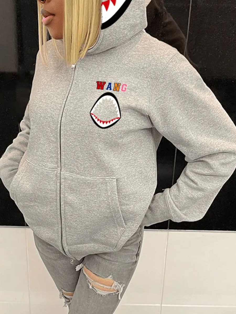 LW Plus Size Letter Print Kangaroo Pocket Jacket