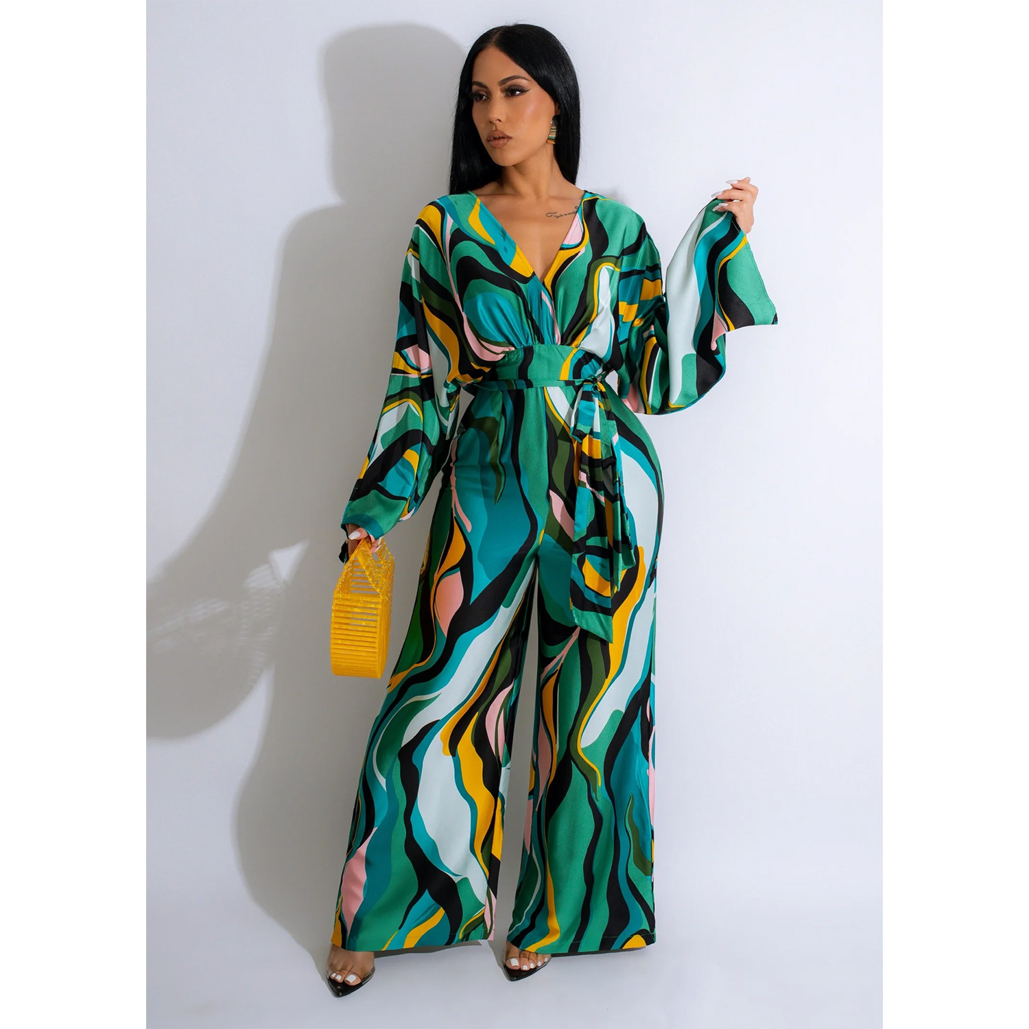LW Mixed Print Bandage Design Wide Leg Jumpsuit