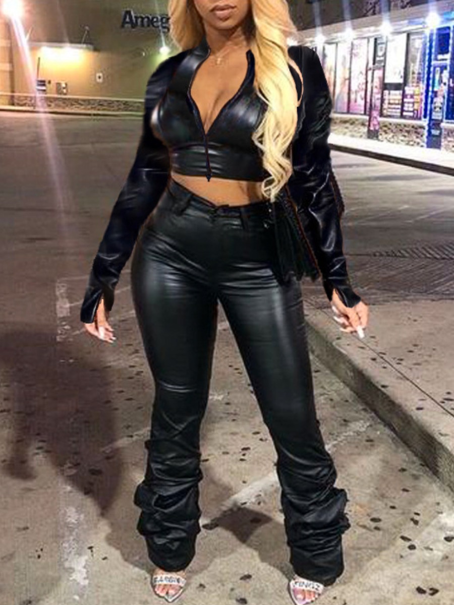 LW Plus Size Faux Leather Crop Top Stacked Pants Set