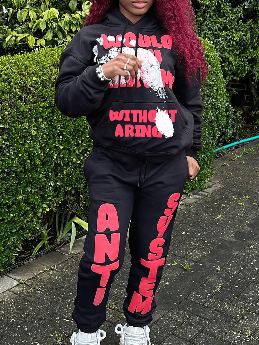 LW Letter Print Kangaroo Pocket Tracksuit Set