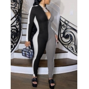 LW Sportswear Zipper Design Patchwork Black One-pi