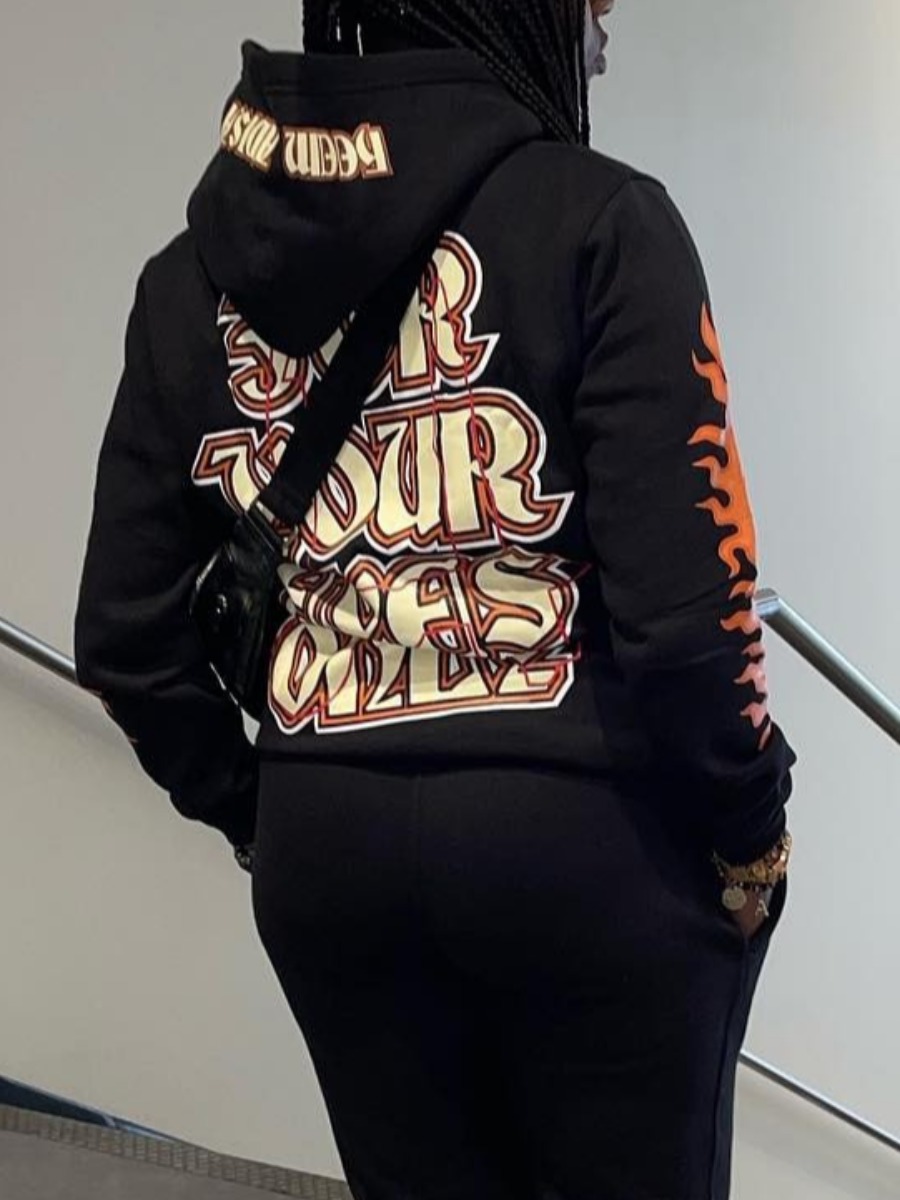 LW Plus Size Letter Print Kangaroo Pocket Jacket