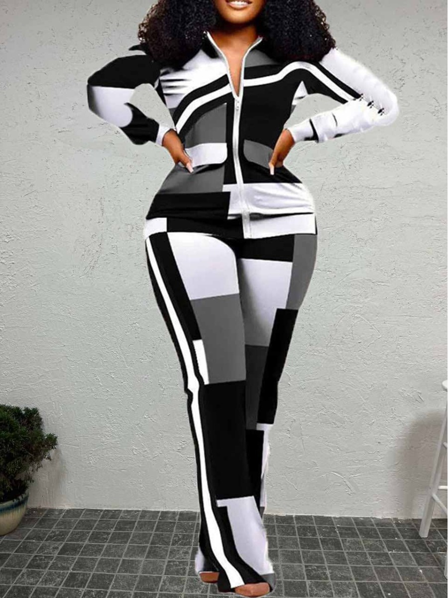 LovelyWholesale Plus Size Geometric Print Striped Flared Pants Set Fall Long Sleeve Casual Turndown Collar  3X Spring Summer 2024