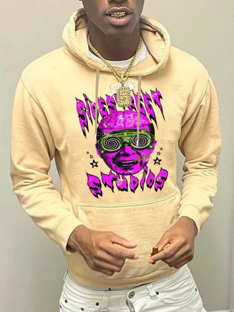 LW Men Figure Letter Print Kangaroo Pocket Hoodie