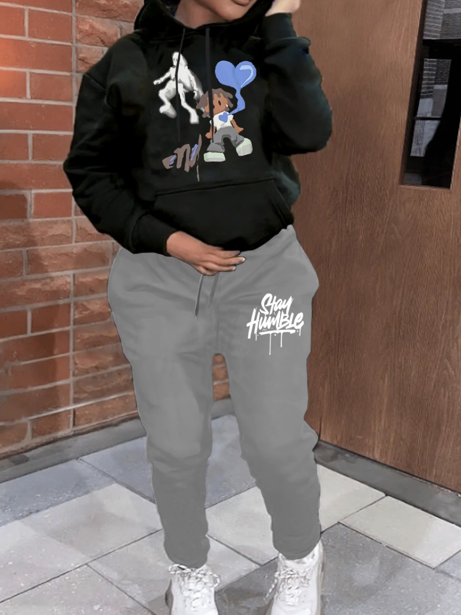 LW Plus Size Cartoon Letter Print Kangaroo Pocket Tracksuit Set