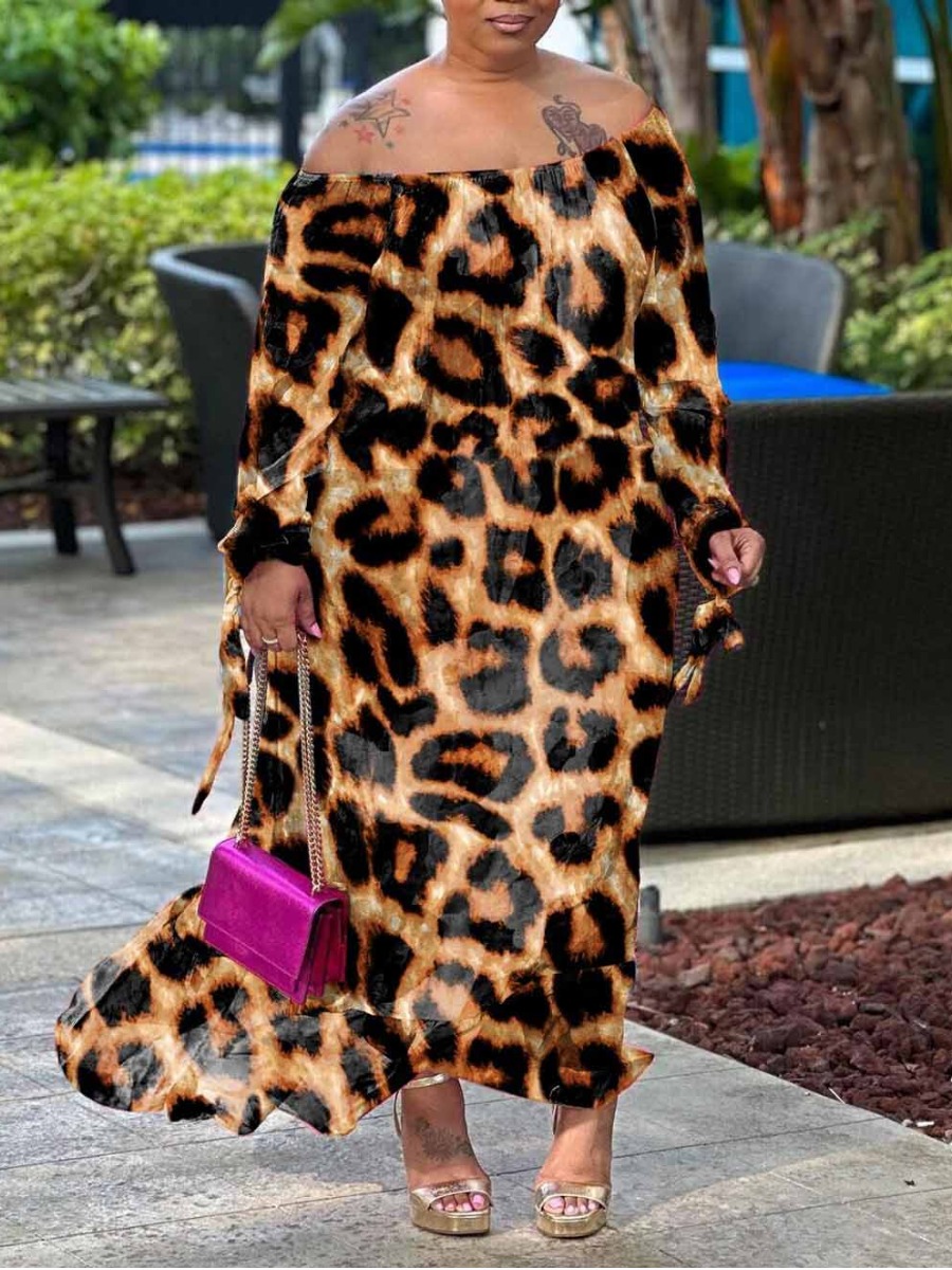 LovelyWholesale Plus Size Off The Shoulder Leopard Print Ruffle Design Dress Fall Long Sleeve Vacation Bateau Neck  5X Spring Summer 2024