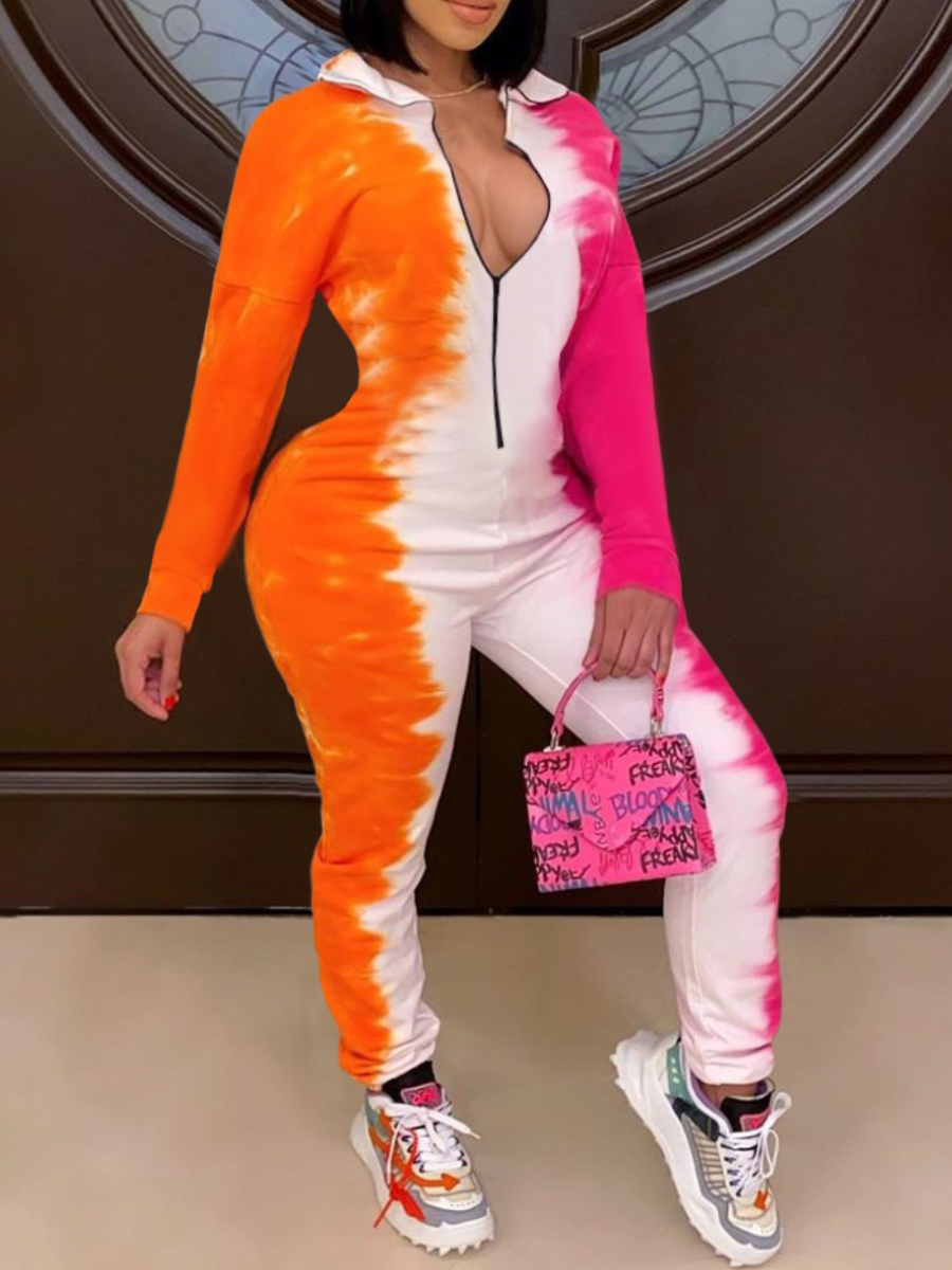 LovelyWholesale Plus Size Zipper Design Tie Dye Skinny Jumpsuit Fall Long Sleeve Casual Turtleneck  3X Spring Summer 2024